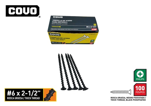 [9-758] TORNILLOS DRYWALL R. GRUESA 6 x 2 1/2" x 100 UNID COVO 9-758