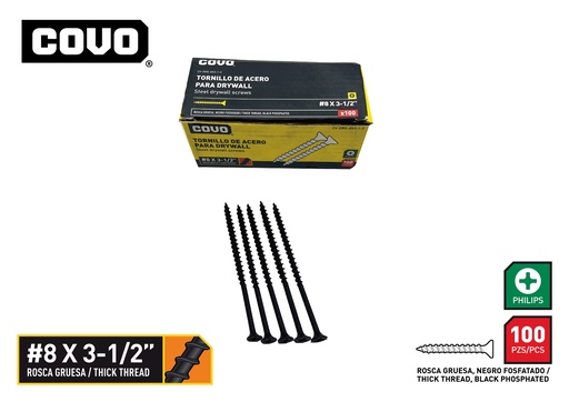 [9-761] TORNILLOS DRYWALL R. GRUESA 8 x 3 1/2" x 100 UNID COVO 9-761