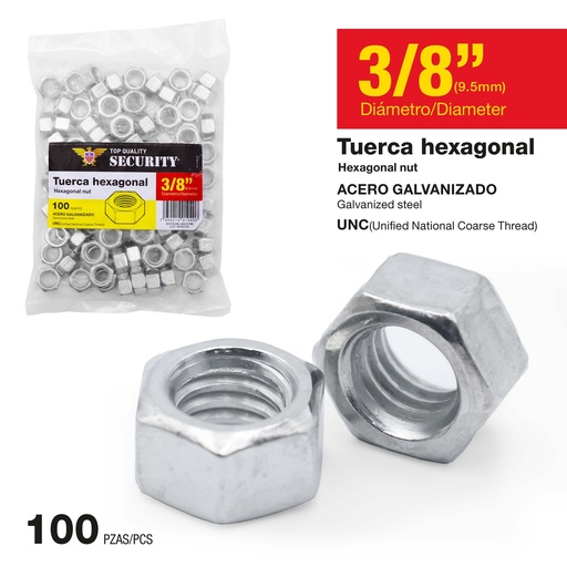 [9-770] TUERCA GALV HEX 3/8" x 100 UNID SECURITY 9-770